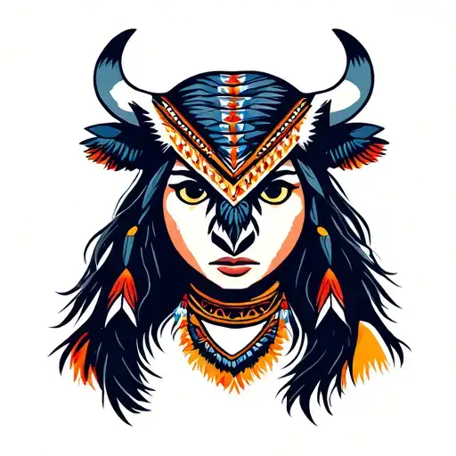 owl buffaloes in field and Native American women face with a buffalo head as a head wear teepees tattoo design idea