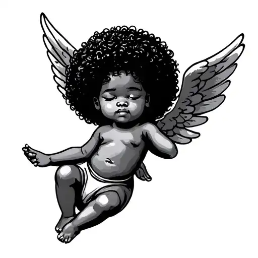 A linework tattoo design of an Afro baby angel with curly hair and small wings, eyes gently closed, floating peacefully. tattoo design idea