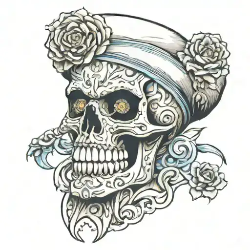 Mexican skull. The skull is a rapper, fan of Manchester City. He fears no evil tattoo design idea