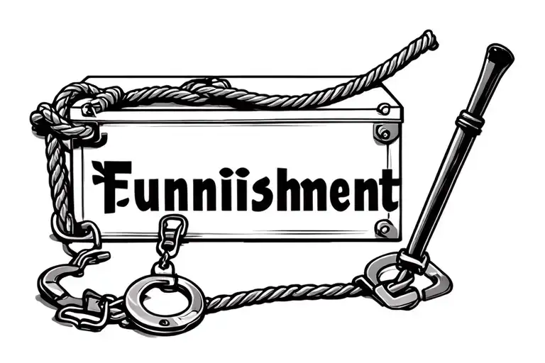 "Funnishment" black toy box with rope handcuffs, riding crop, whip sticking out tattoo design idea