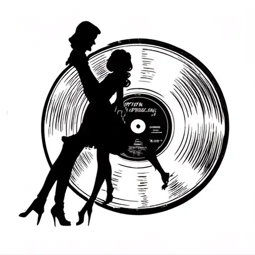 Danny and Sandy silhouettes inside a vinyl record. Overall design is reminiscient of a cameo pendant tattoo design idea
