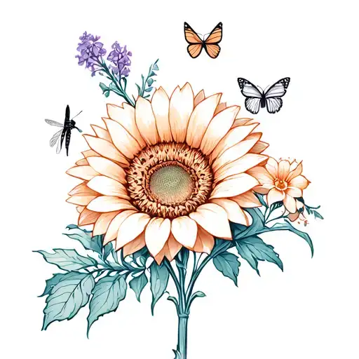 Peacg blossom, Lilac, Gladiolous, snapdragon, Sage sprig, primrose, firefly, butterly, around a sunflower tattoo design idea