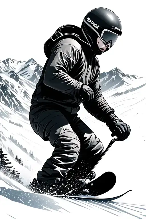 Snowboarder silhouette carving turns and trace behind him against the background of the mountains from above tattoo design idea