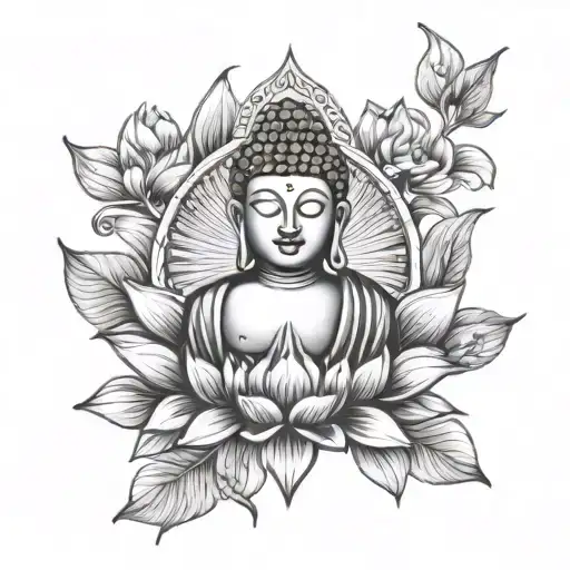 buddha face below lotus surrounded by fishes tattoo design idea