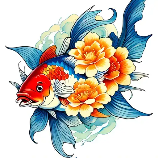 three coy fish with flowers representing 5 emotions tattoo design idea