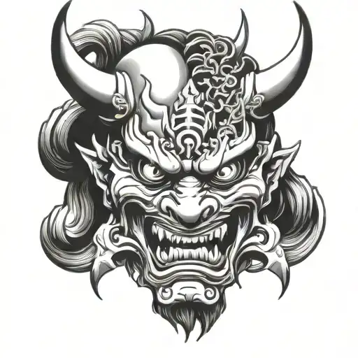 oni mask split in half tattoo design idea