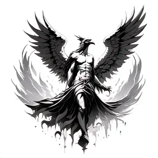 The fallen angel lost hope, but the phoenix helps him in the background tattoo design idea