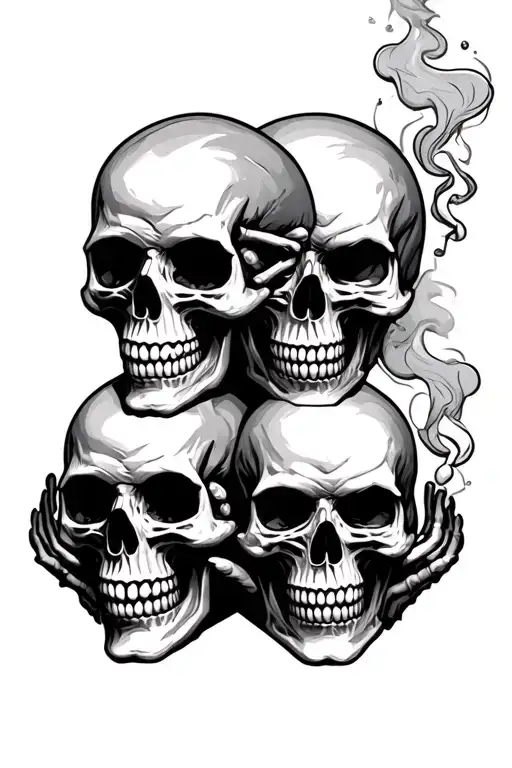 3 skulls with see no evil, hear no evil, speak no evil and smoke tattoo design idea