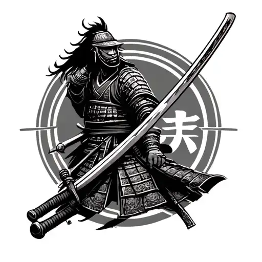 samurai and sword with warrior kanji symbol tattoo design idea