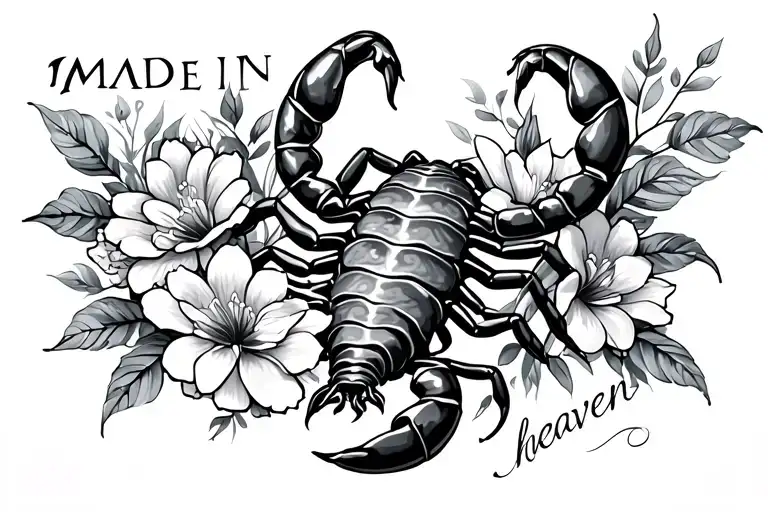 back tattoo with flowers, marble effect, scorpion, and verse "made in heaven" tattoo design idea