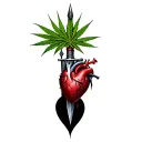 a heart pierced with a dagger, marijuana leaves in the background tattoo design idea