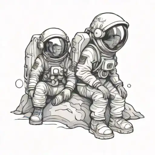 two astronauts kids sitting in an embrace on the moon tattoo design idea