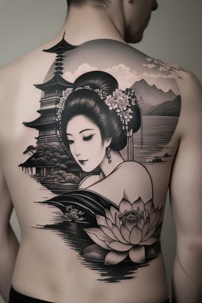 sexy geisha pofile, lotus, sunset, japanese landscape, mountain , river, pagoda, temple tattoo design idea