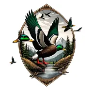  hunting, outdoor mountains, trees, greenhead mallards flying  tattoo design idea