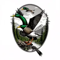 hunting, outdoor mountains, trees, greenhead mallards flying  tattoo design idea