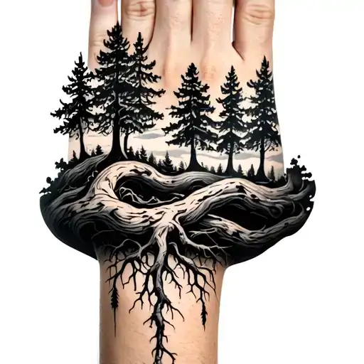 pine trees wrapped around forearm with roots going down the hand tattoo design idea