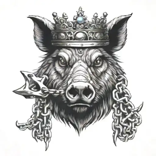 boar head with blue eyes wearing a crown in chains with a petterned background tattoo design idea