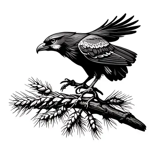 simple falcon with wheat on a pine tree  tattoo design idea