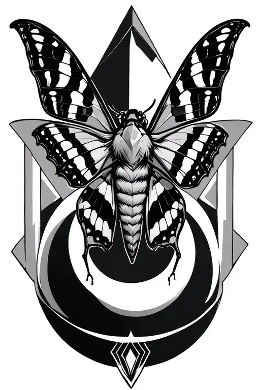 cecropia moth with an inverted crescent moon below it, a crystal point above it, and geometric designs behind it  tattoo design idea