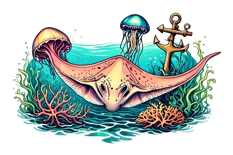 seaweed and coral landscape featuring stingray, jellyfish, and a distressed anchor tattoo design idea