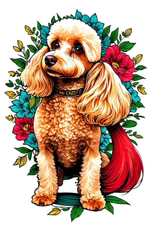 apricot standard poodle with bright red tail, mars inspiration , vintage floral tattoo design idea