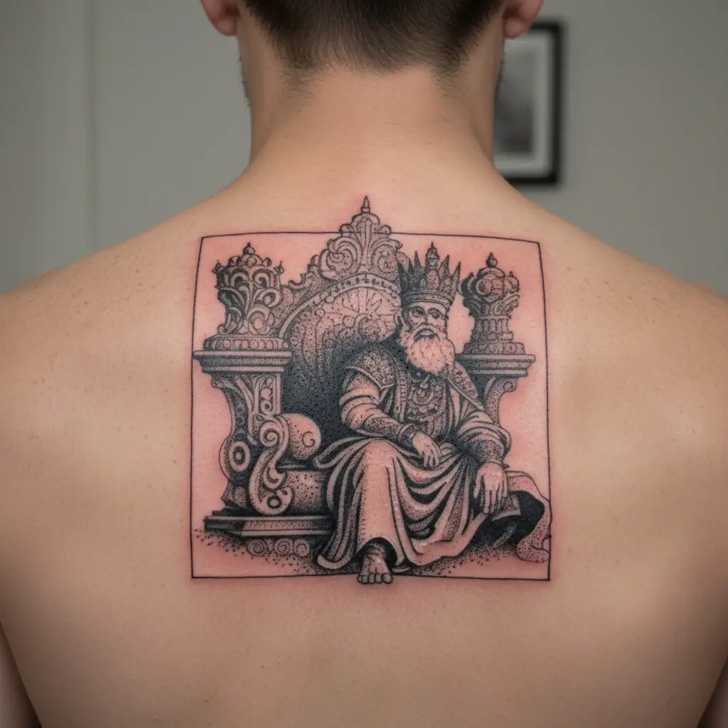 An ancient Persian king sitting on his throne, adorned with jewels and a crown tattoo design idea
