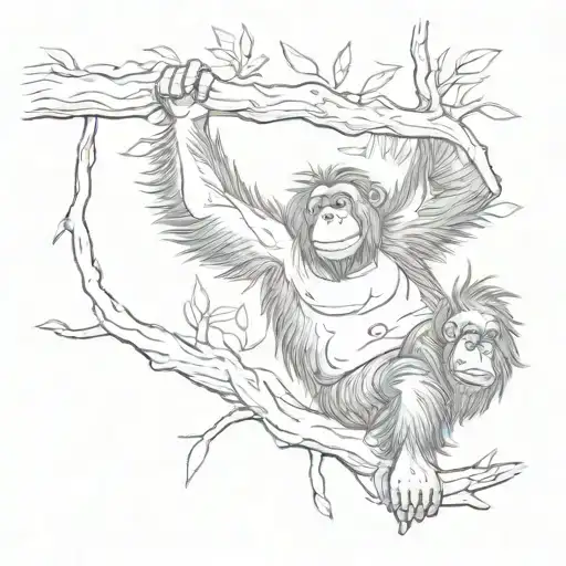 orangutan hanging from tree branch tattoo design idea