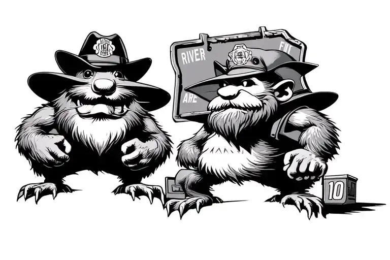 yosemite sam and columbus fire department station 10 river rat standing on either side of west broad st. street sign tattoo design idea