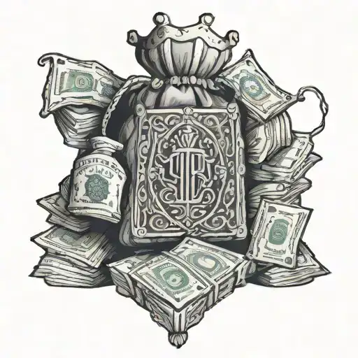 A stack of money bags forming a throne for a hustler tattoo design idea