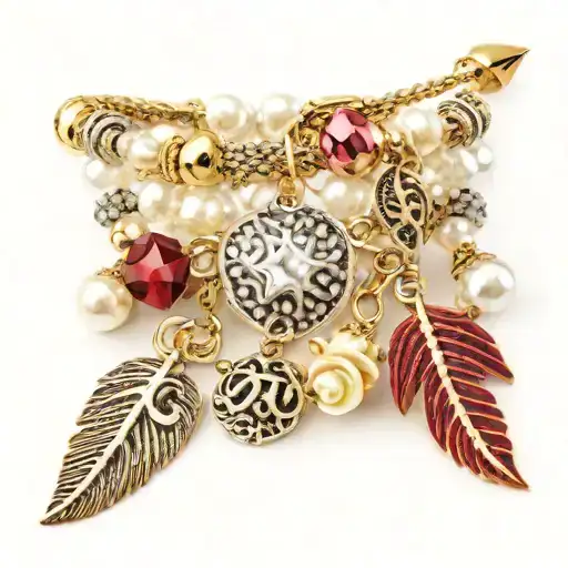 elegant 3D charm bracelet  -3 layers   - diamonds and pearls  - bangles: heart, R, star, rose, feather tattoo design idea