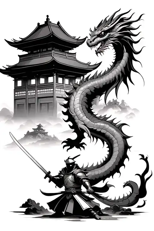 dragon guarding pagoda temple with masked samurai warrior at bottom wielding sword as they protect the temple tattoo design idea