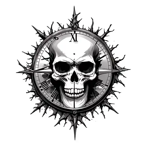 skull, hourglass, clock, compass, demon, thorns, dead tree, death, sand, evil, hatred, depression tattoo design idea