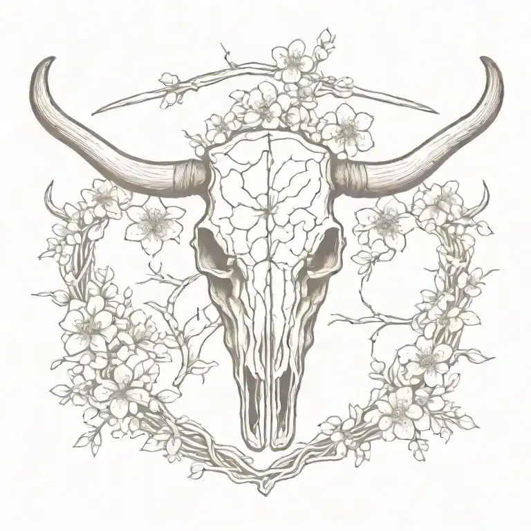 realistic longhorn skull with cherry blossoms tattoo design idea
