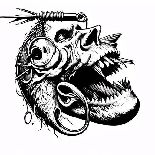 A person (a man) bites the hook/fishing pin and he's dead tattoo design idea
