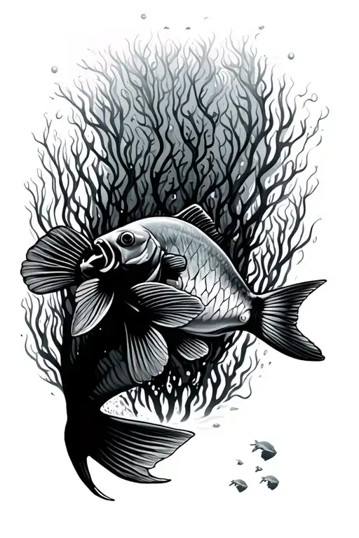underwater California kelp forest with calico bass swimming tattoo design idea