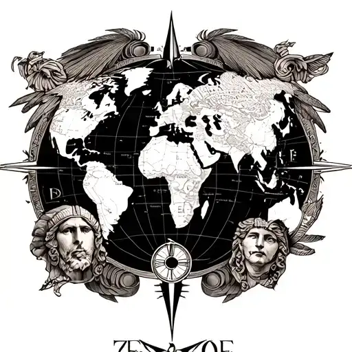 “Full sleeve tattoo design in fine line style, detailed world map, antique compass, and classical Greek faces (like Zeu tattoo design idea