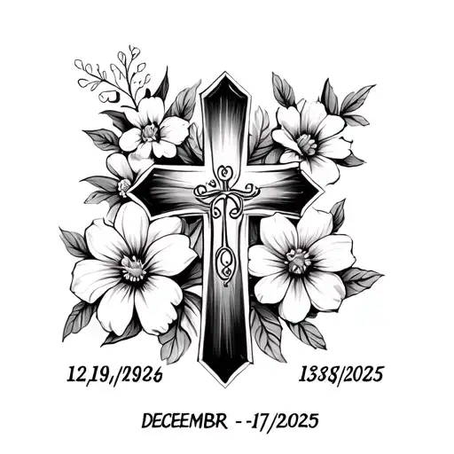 "12/19/1936-5/17/2025" cross with december birth flowers around cross  tattoo design idea