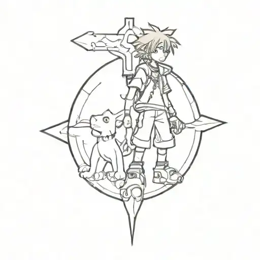 give me an idea for a tattoo on the theme of kingdom hearts where we see sora, donald and dingo in silhouette tattoo design idea
