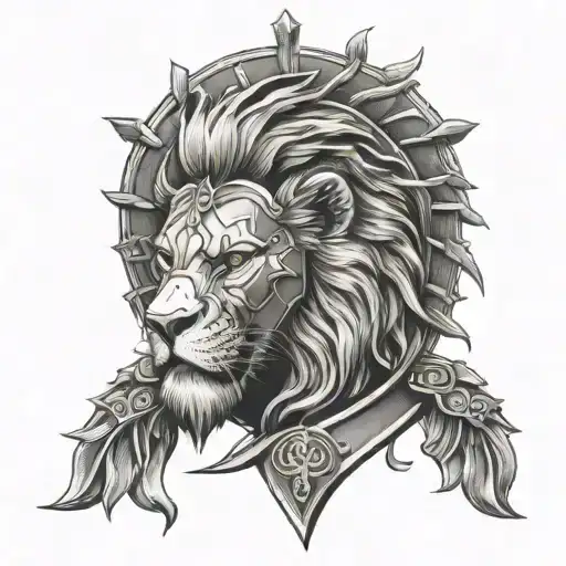 lion, cross, gladiator helmet tattoo design idea