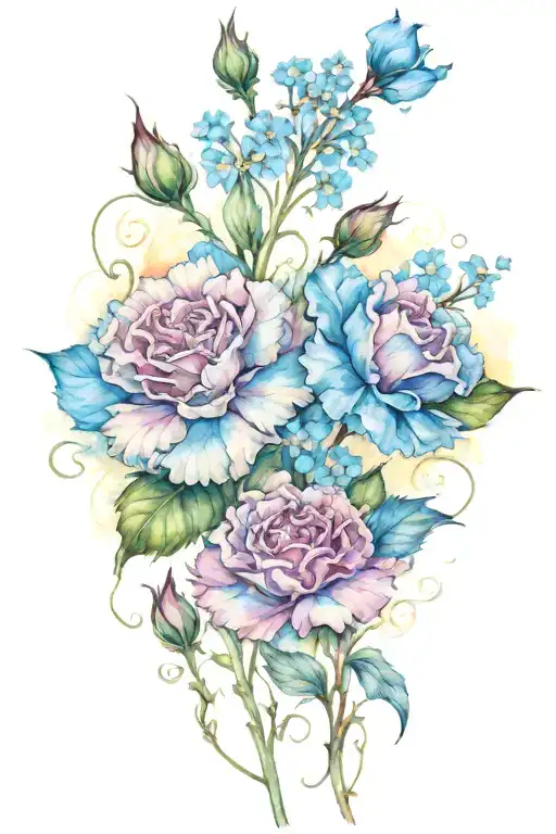 two carnations in the center linked by vines and leaves on one side two blue forget me nots tattoo design idea