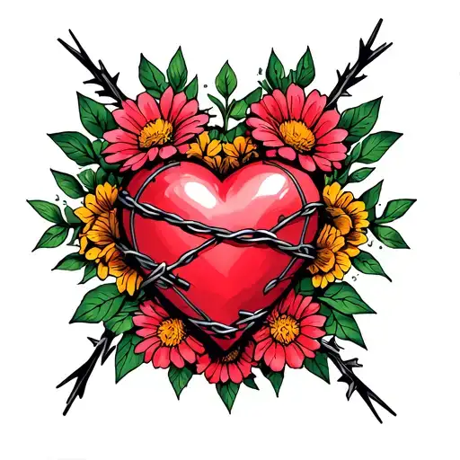 heart surrounded by flowers and crossed with barbed wire tattoo design idea