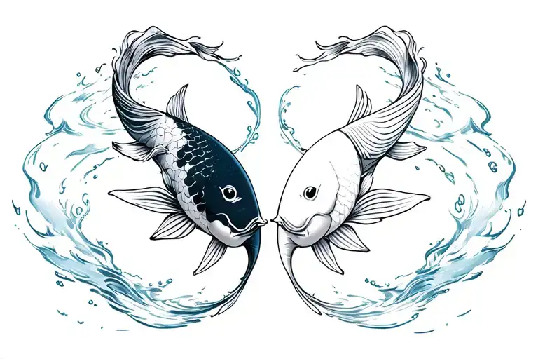 2 koi fishes, one darker and one lighter, forming the yin yang with their heads, with water lines design all around tattoo design idea