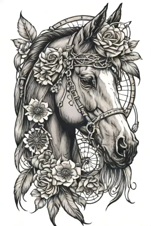 Horse head inside dreamcatcher with flowers intertwined tattoo design idea