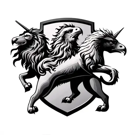 Lion, hawk and unicorn heraldic shield tattoo design idea