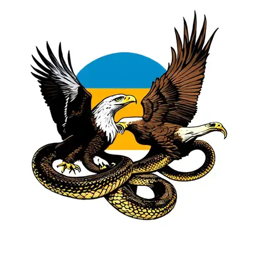 eagle and snake fighting each other, use only primal colors  tattoo design idea