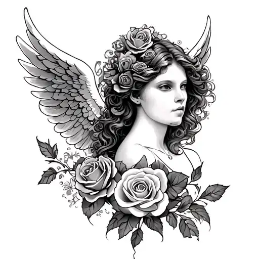 roses, Angel wings spread, tramp stamp tattoo design idea
