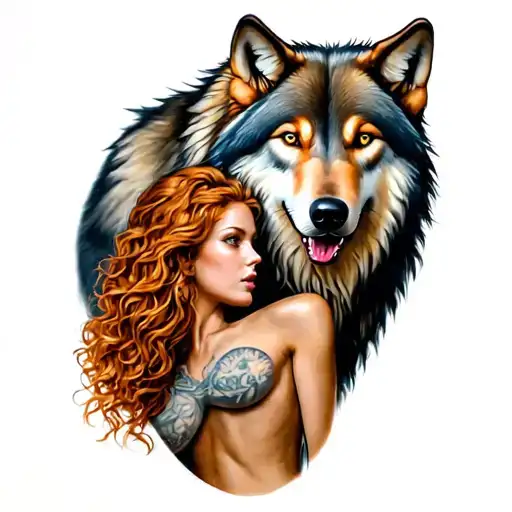 full body alpha wolf protecting a ginger female tattoo design idea