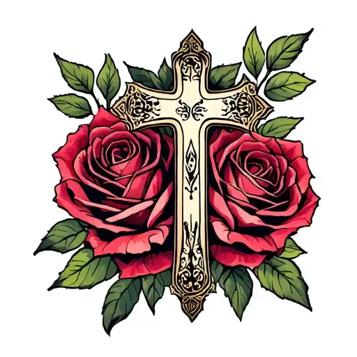 Western roses card cross tattoo design idea