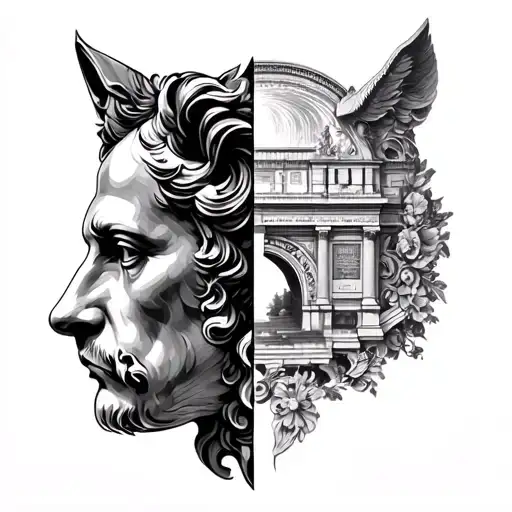 Head of Lyon from one side and on the other the Fourvière monument tattoo design idea