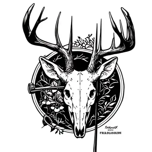 whitetail deer skull with a compound bow in its antlers tattoo design idea